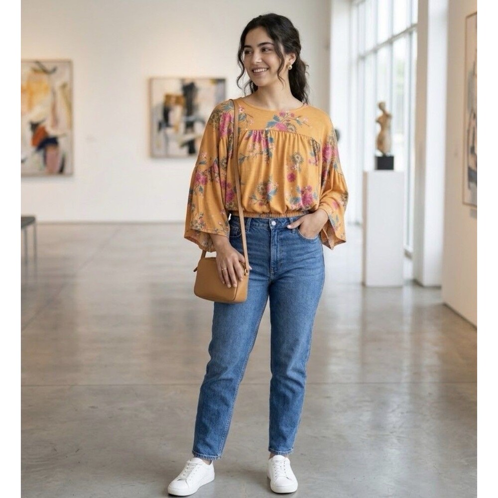 Time & Tru Size L 12-14 Floral Bat Sleeve Elastic Waist Blouse Top